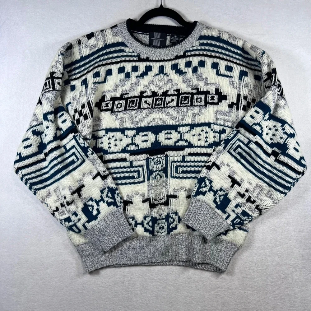 Vintage Expressions Mens Med Geometric Abstract Knit Sweater Teal Grey Coogi 90s